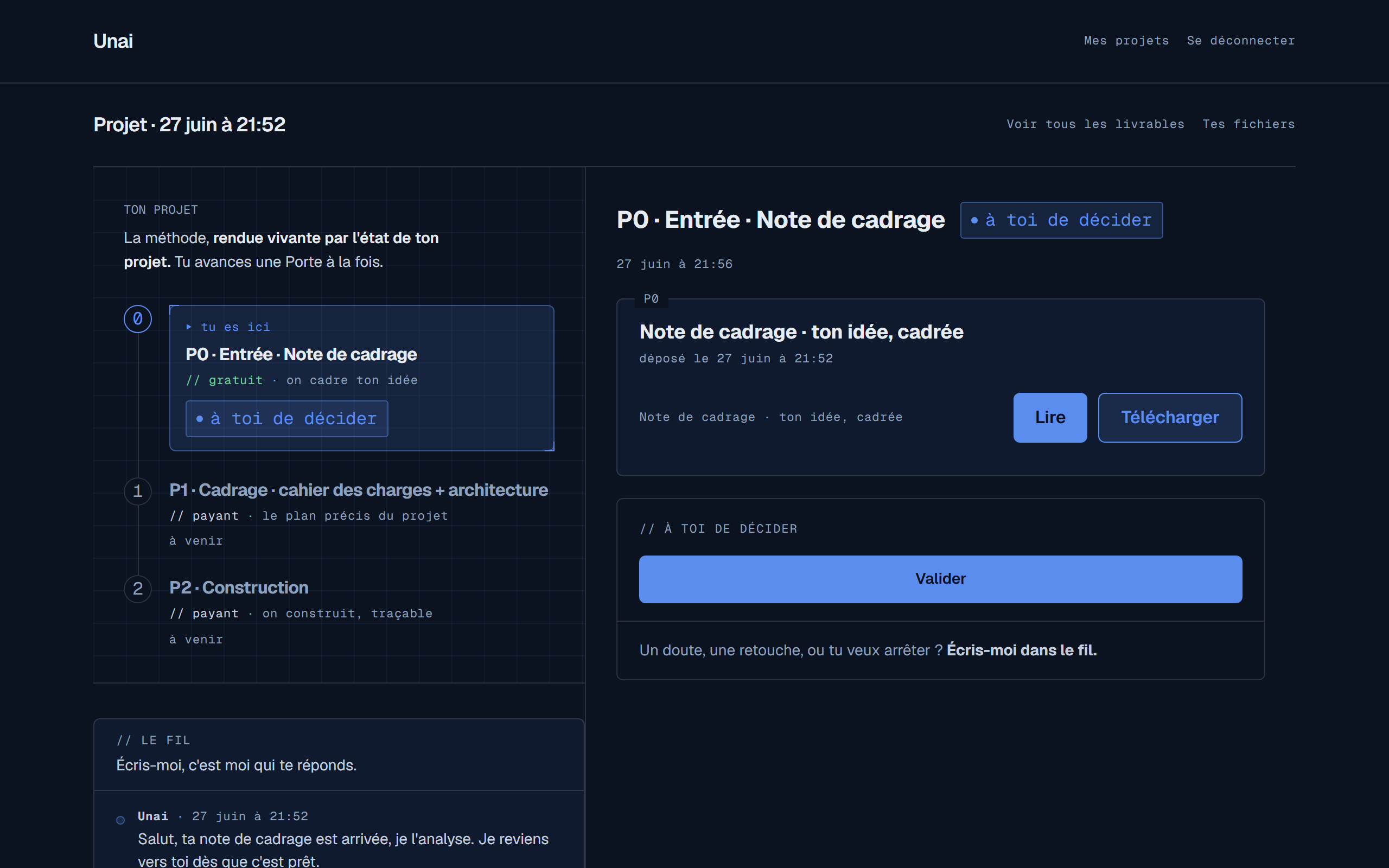 Espace projet : feuille de route des 3 Portes (P0 en cours) à gauche, note de cadrage prête à lire à droite.